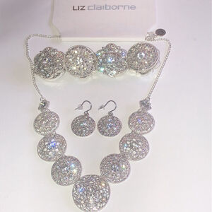Liz Claiborne Silver Tone CZ Rhinestone Necklace Bracelet Earrings Set
